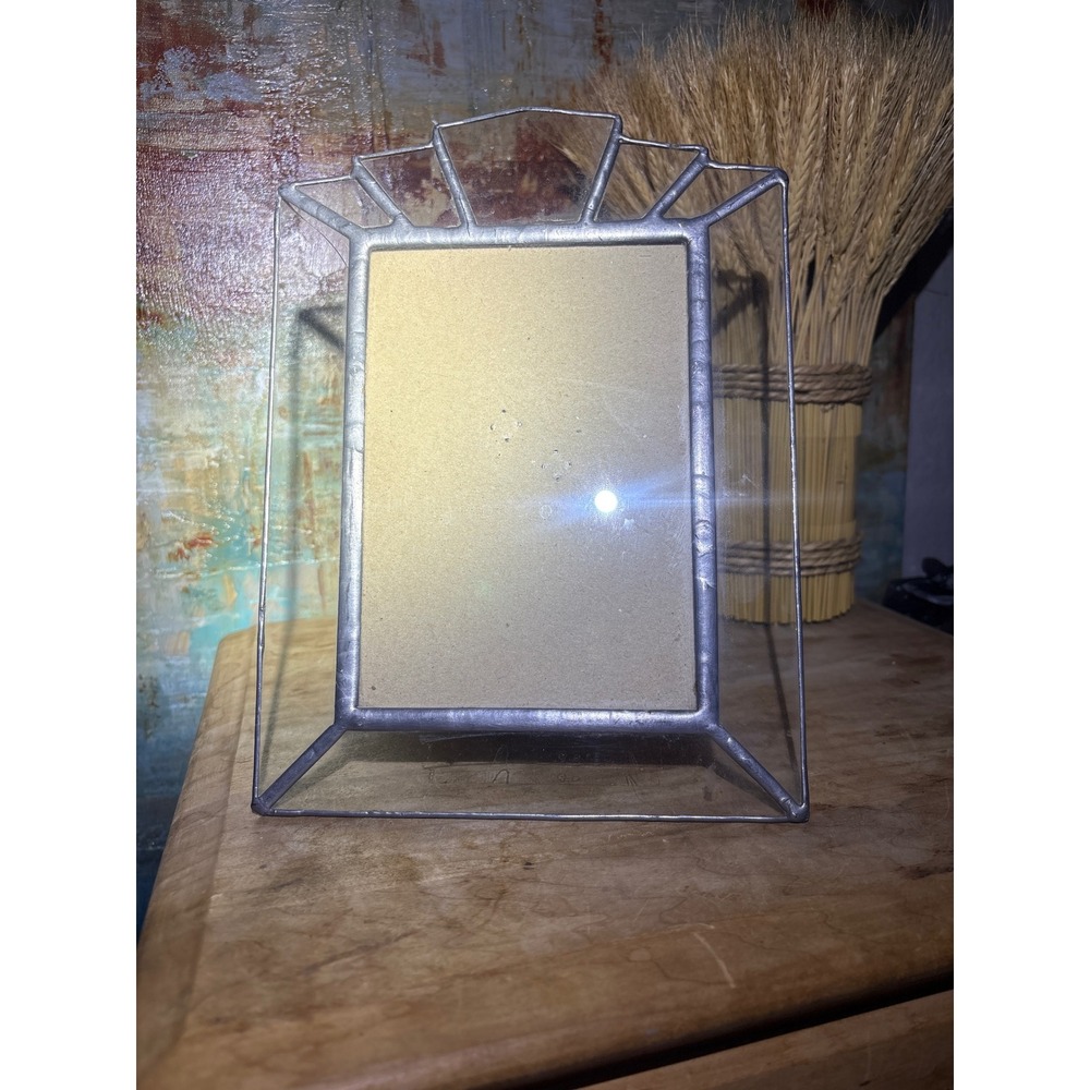 Art Deco Sunburst Leaded Glass Picture Frame Silver Tone Fan Top 5x7 Photo